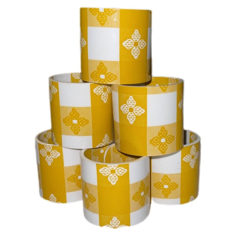 Gingham Napkin Ring Holder Farmhouse Boho Flower Yellow & White Dinner‎ Set Of 6